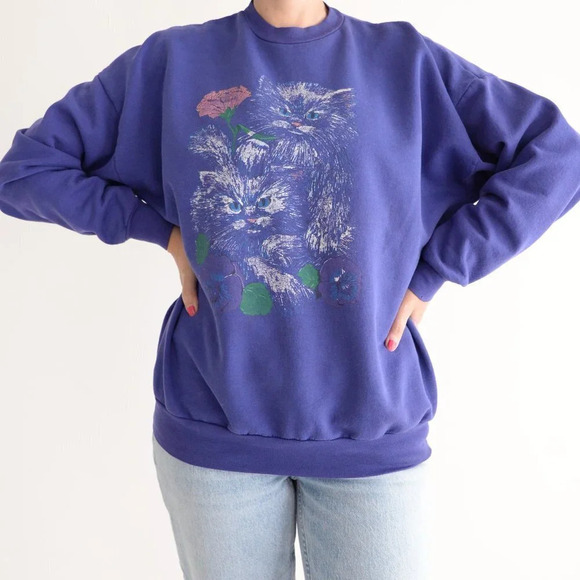 Vintage  Purple with Cats and Flowers Crewneck Sweater - Picture 2 of 12